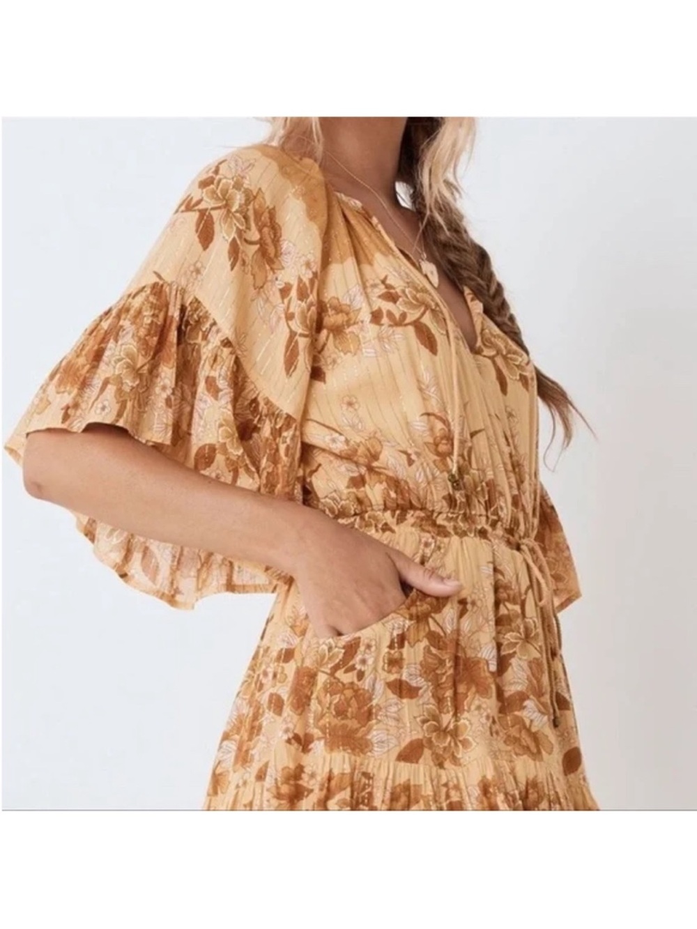 Spell & The Gypsy Ophelia Mini Dress Mustard Floral Metallic Stripe Size M - Picture 5 of 10